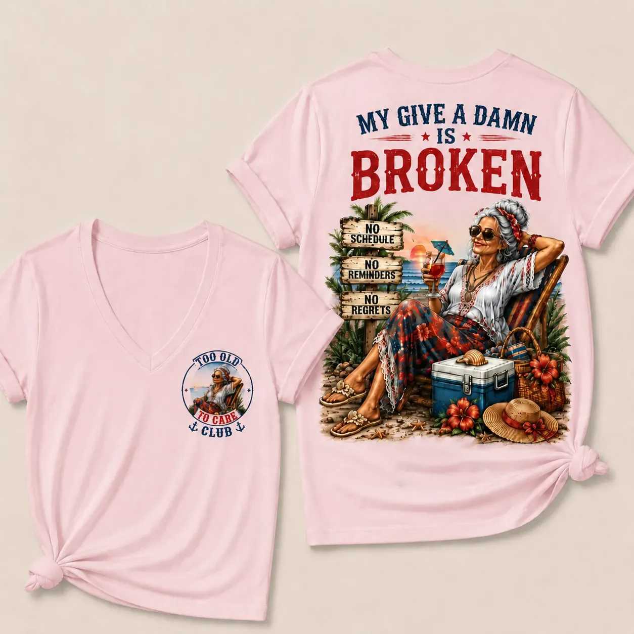 Women’s V-Neck Retirement T-Shirt – Too Old To Care Club Funny Relaxed Beach Lifestyle Tee