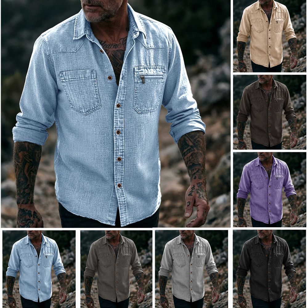 Rugged Vintage Textured Shirt  Men's Casual Outdoor Button Up Long Sleeve