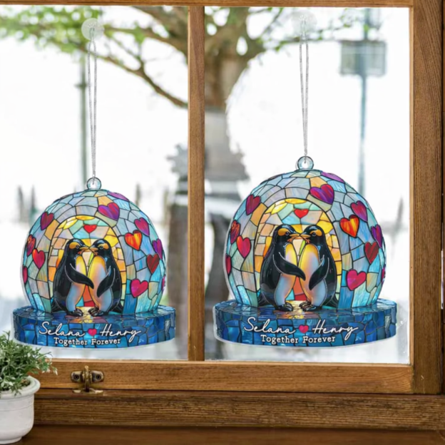Personalized Couple Penguin Suncatcher Hanging Sign