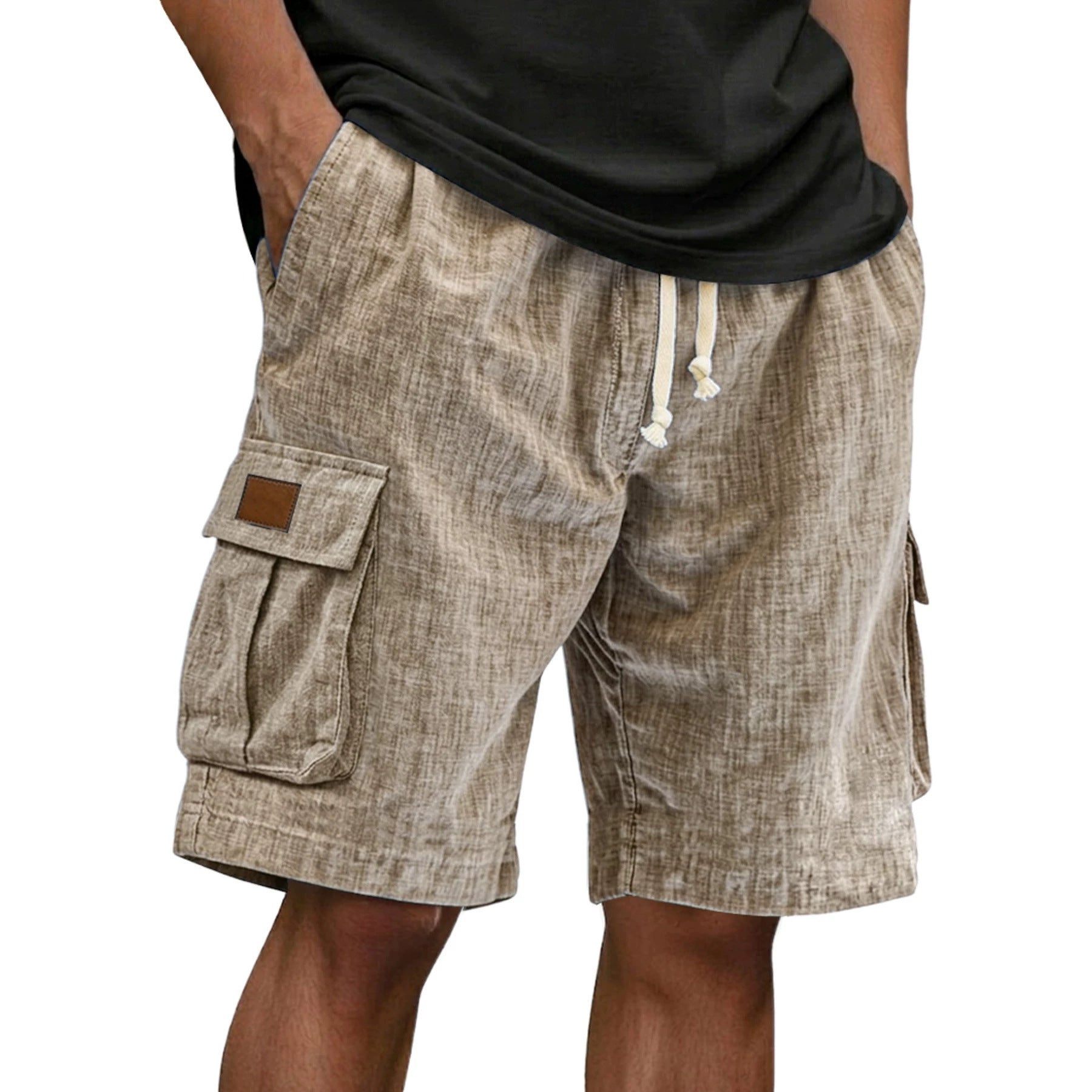 Men's Drawstring Elastic Waist Multi Pocket Linen Shorts