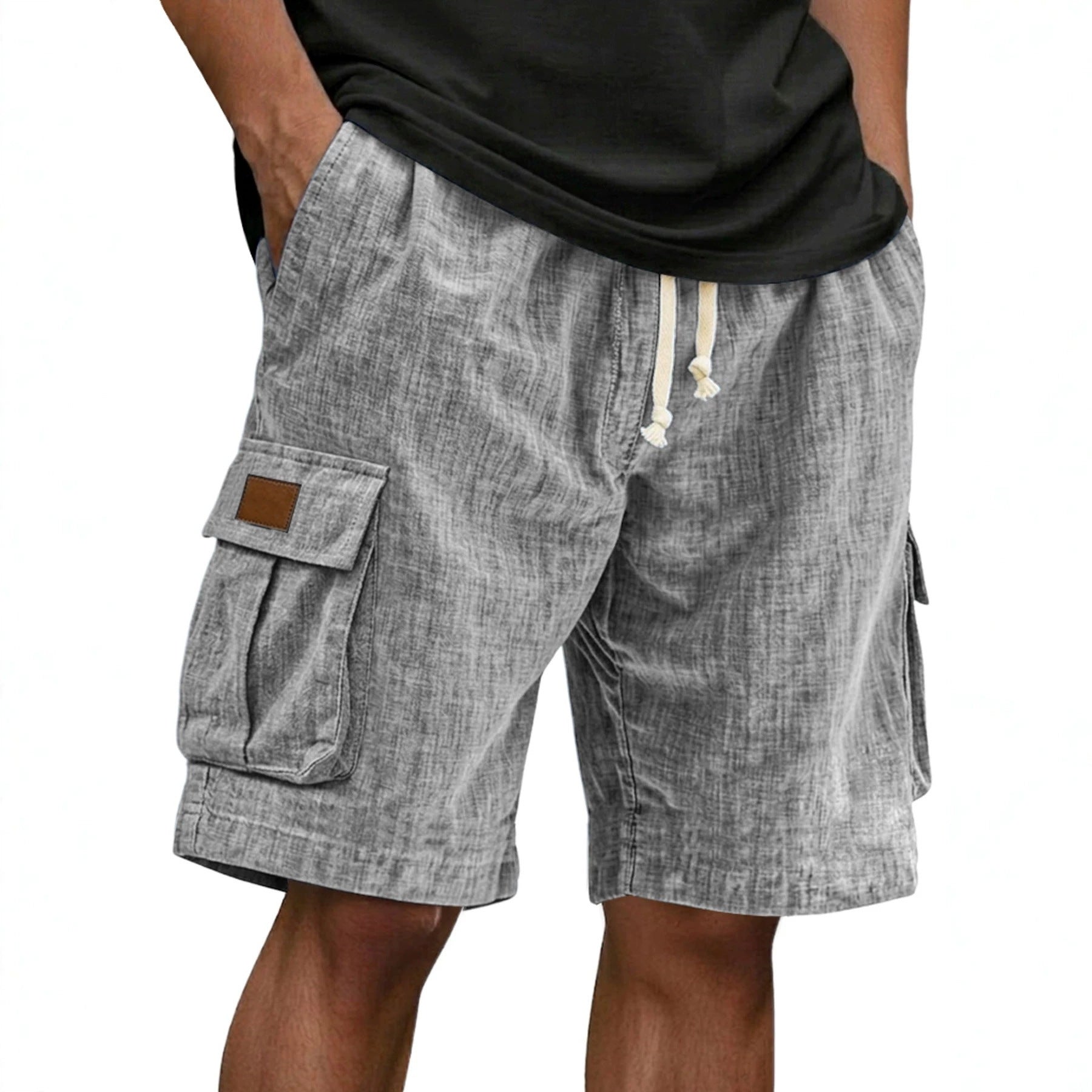 Men's Drawstring Elastic Waist Multi Pocket Linen Shorts