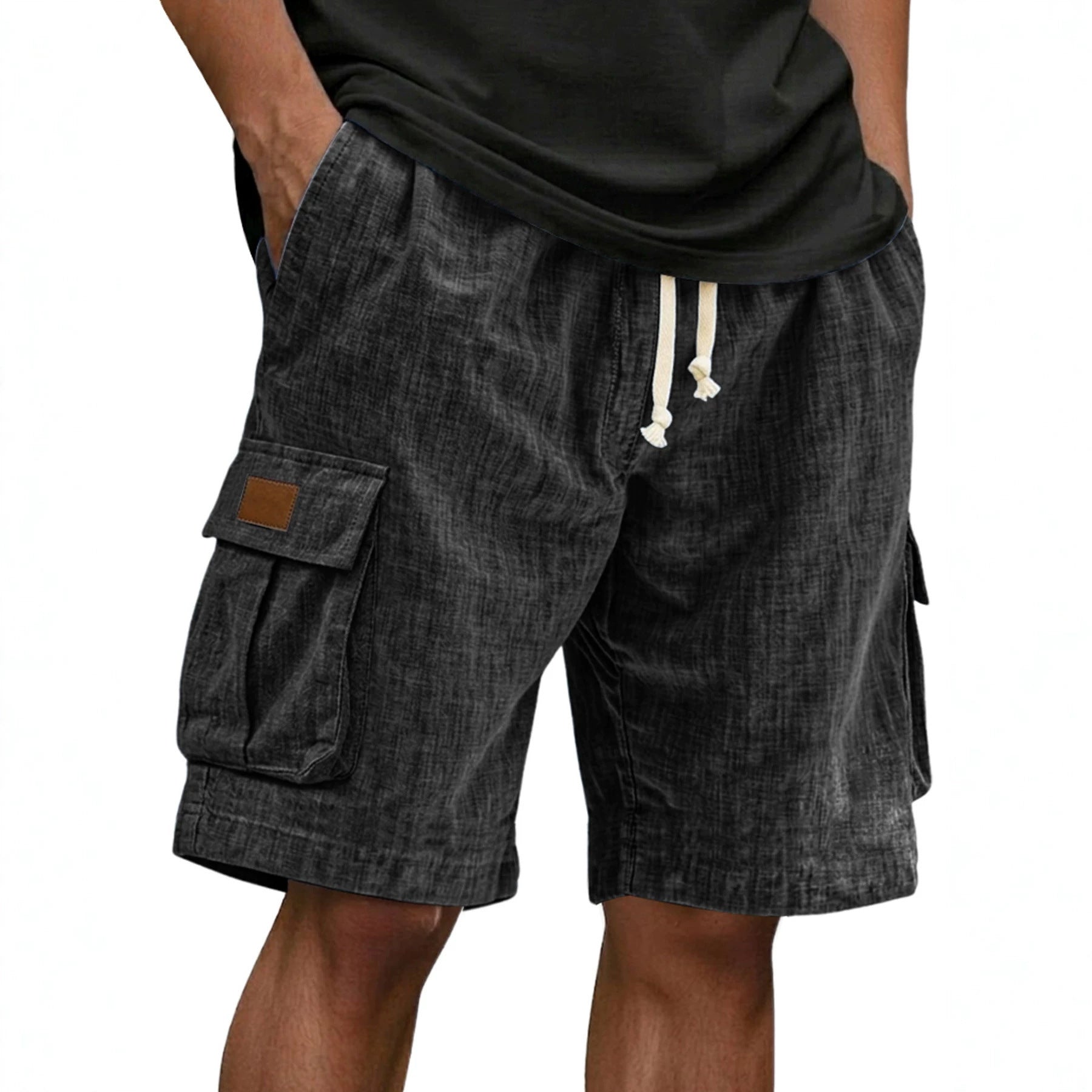 Men's Drawstring Elastic Waist Multi Pocket Linen Shorts