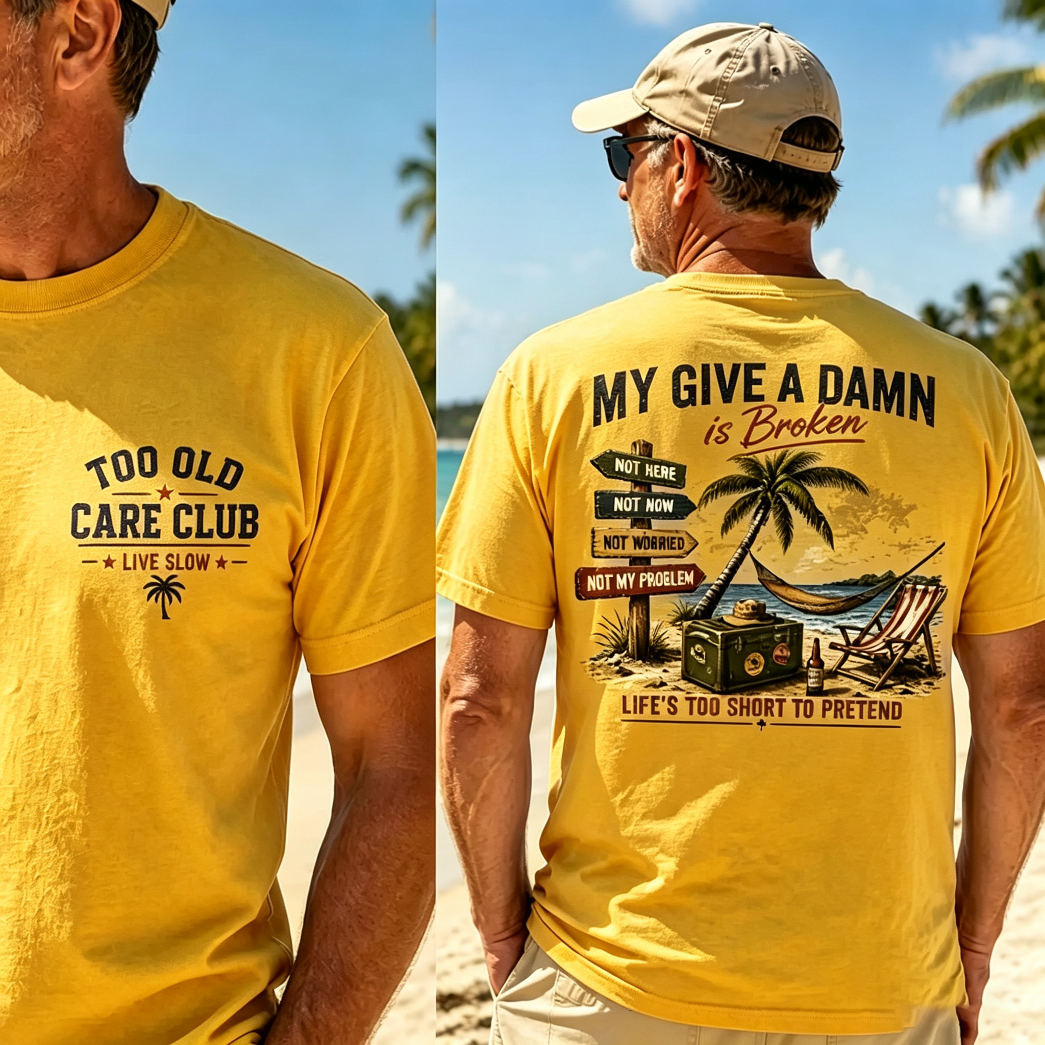Too Old Care Club My Give A Damn Is Broken – Funny Beach Retirement T-Shirt for Men