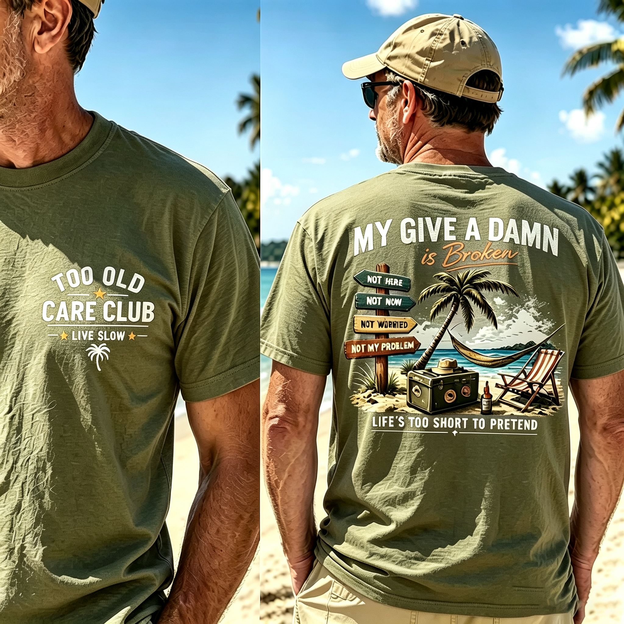 Too Old Care Club My Give A Damn Is Broken – Funny Beach Retirement T-Shirt for Men