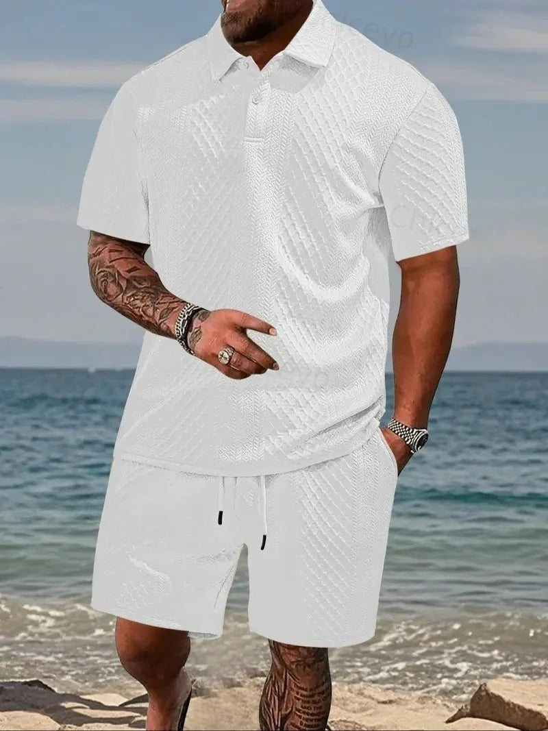 Men's 2-Piece Polo Shirt & Shorts Set Solid Casual Drawstring