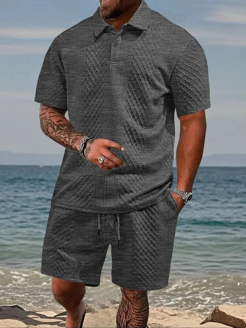 Men's 2-Piece Polo Shirt & Shorts Set Solid Casual Drawstring