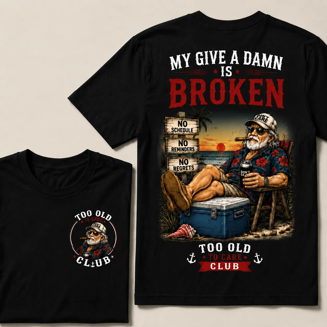 Too Old To Care Club™ Funny Retirement T-Shirt – No Schedule No Reminders No Regrets Beach Life Graphic Tee