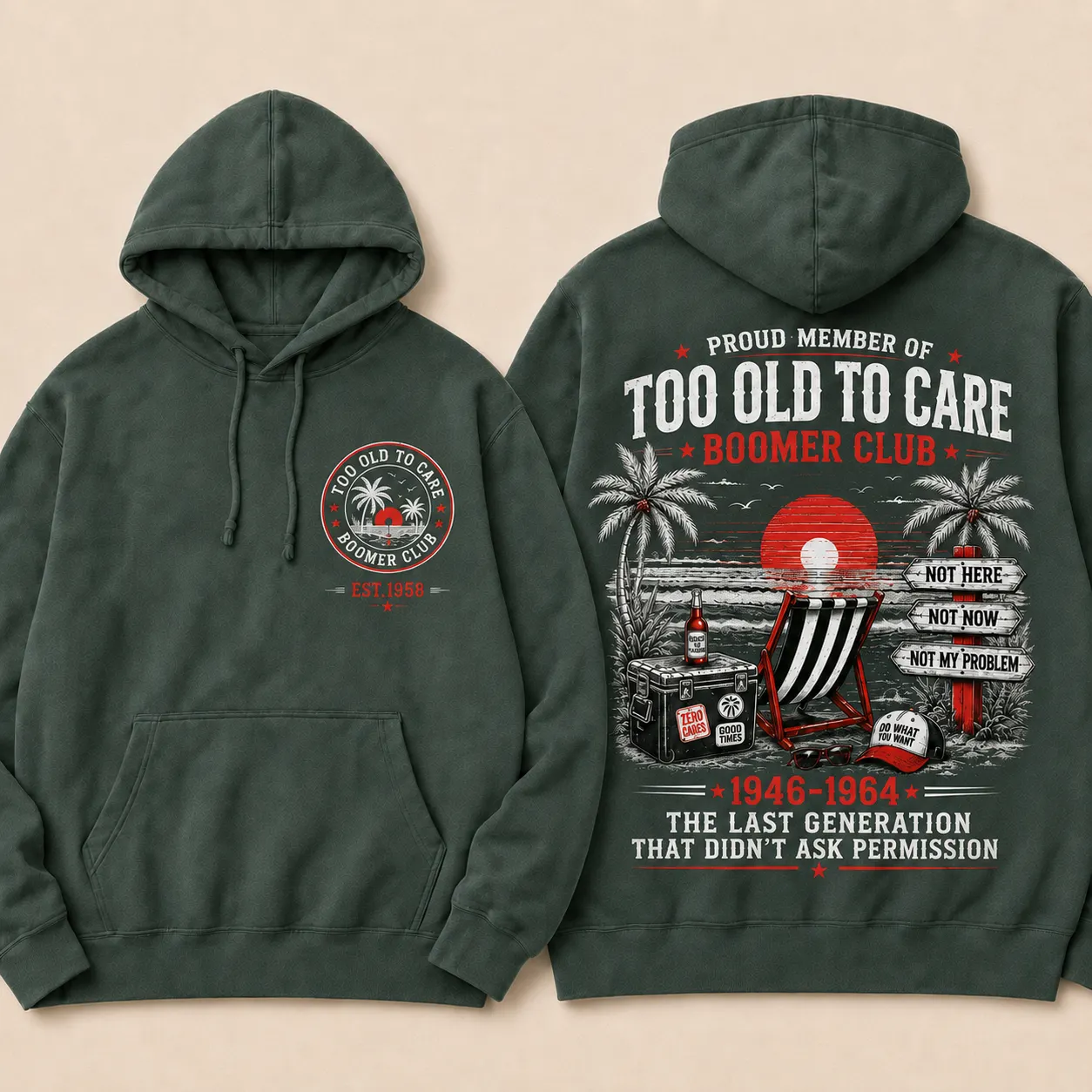 Funny Boomer Hoodie for Men, Too Old To Care Graphic Sweatshirt, Retirement Club Pullover Hoodie, Gift for Dad Grandpa