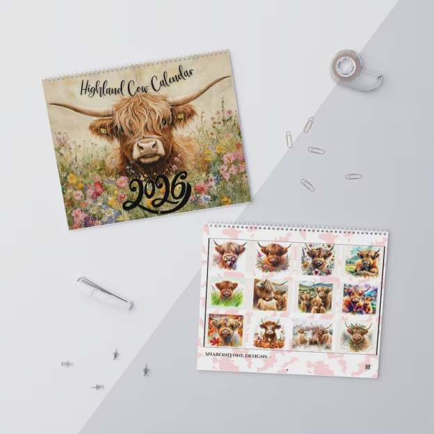 🐮Highland Cow Calendar 2026 – Rustic Farmhouse Wall Art & Monthly Planner📅