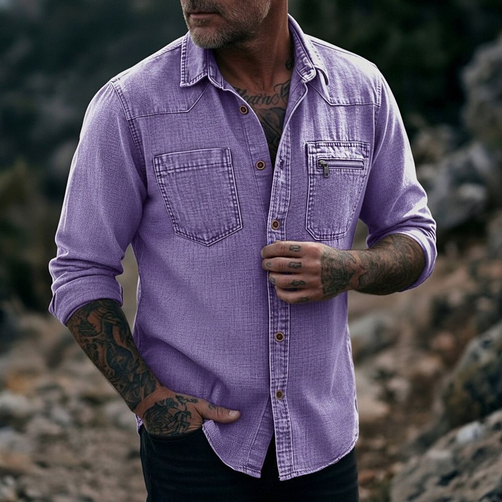 Rugged Vintage Textured Shirt  Men's Casual Outdoor Button Up Long Sleeve
