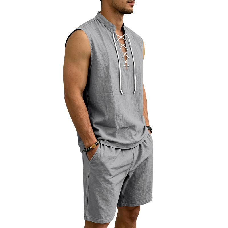 🧵 LIMITED-TIME 50% OFF! ✨ Men's Linen Sleeveless Set – Top & Shorts, Lace-Up, 7 Colors ☀️
