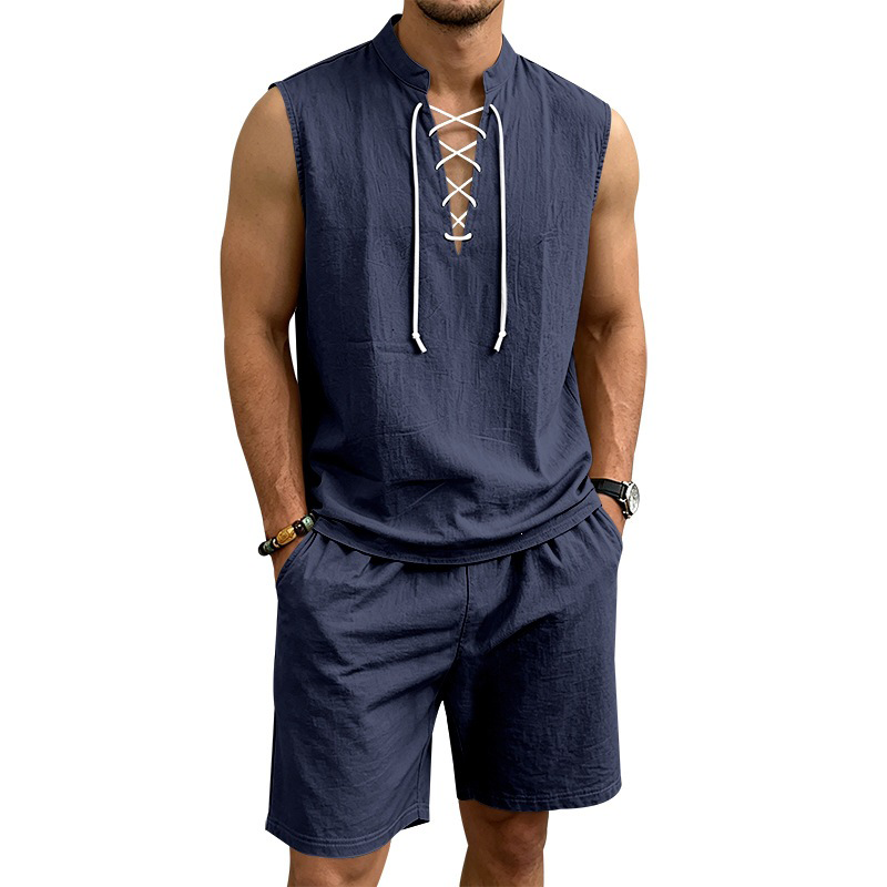 🧵 LIMITED-TIME 50% OFF! ✨ Men's Linen Sleeveless Set – Top & Shorts, Lace-Up, 7 Colors ☀️