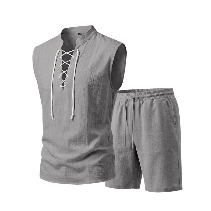 🧵 LIMITED-TIME 50% OFF! ✨ Men's Linen Sleeveless Set – Top & Shorts, Lace-Up, 7 Colors ☀️