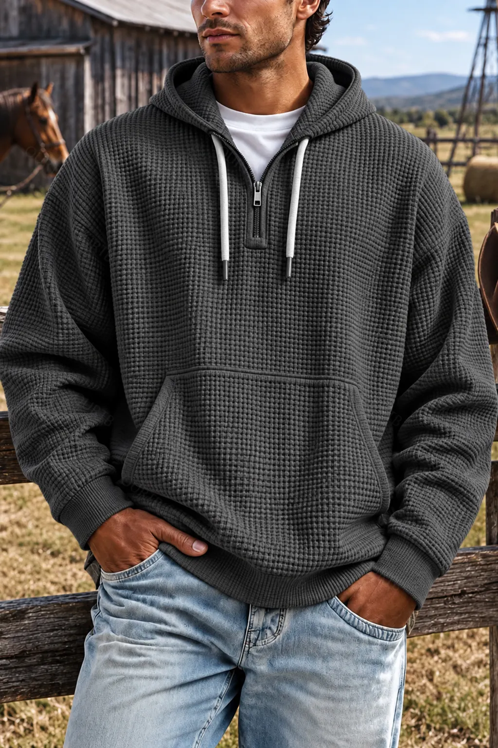 Waffle Knit Half‑Zip Men Hoodie