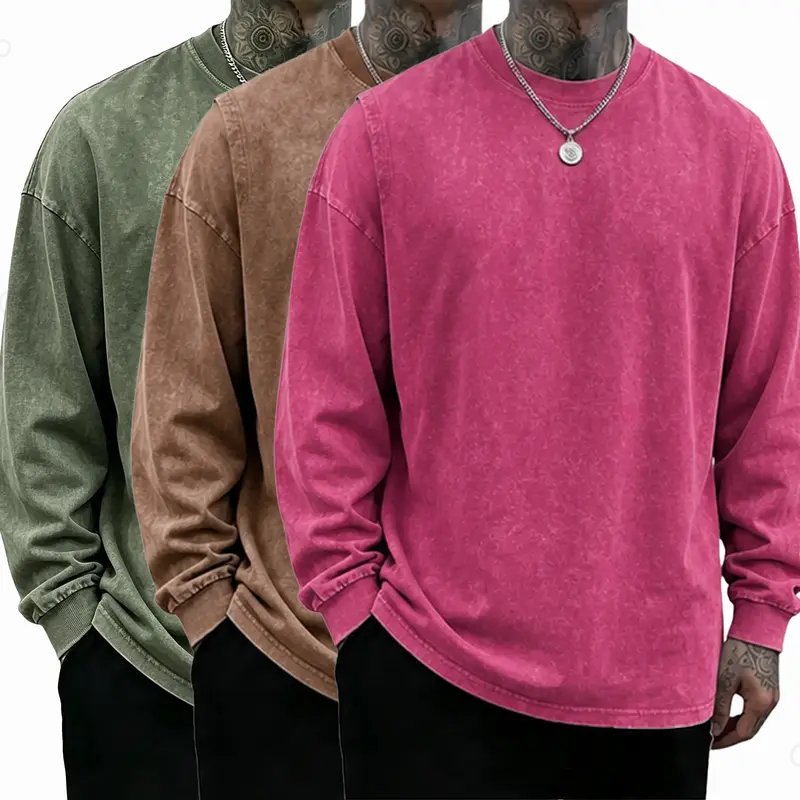 3 Pack Unisex Oversized Washed Distressed Cotton Long-Sleeve T-Shirt