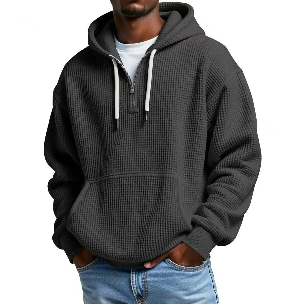 Waffle Knit Half‑Zip Men Hoodie
