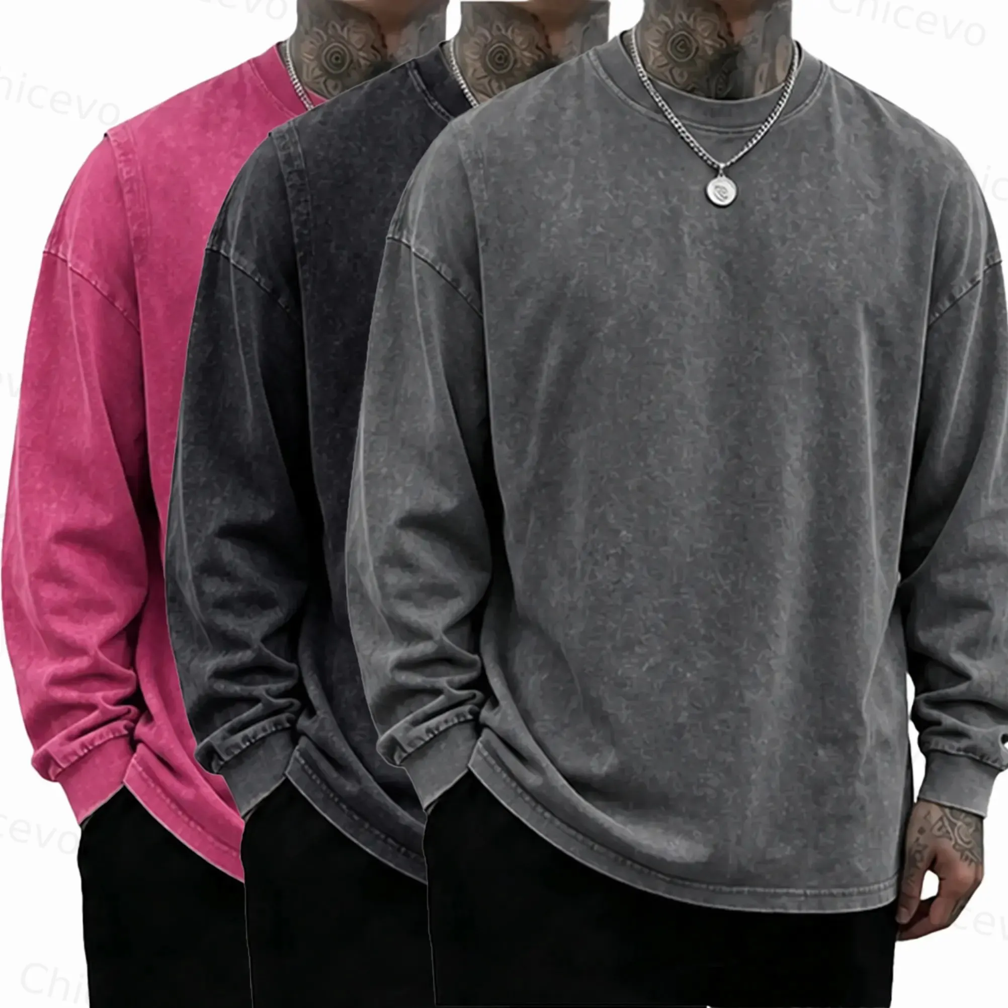 3 Pack Unisex Oversized Washed Distressed Cotton Long-Sleeve T-Shirt
