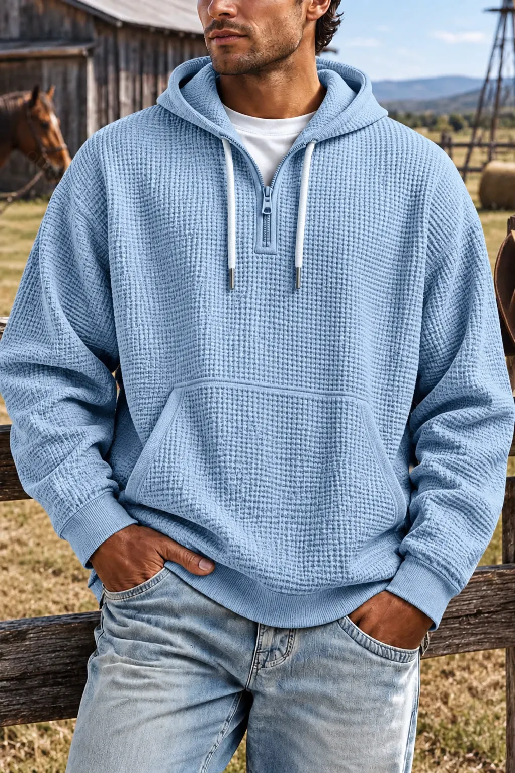 Waffle Knit Half‑Zip Men Hoodie