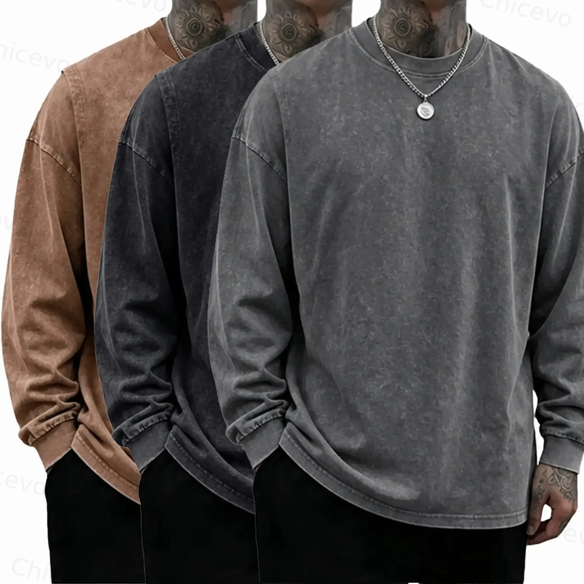 3 Pack Unisex Oversized Washed Distressed Cotton Long-Sleeve T-Shirt