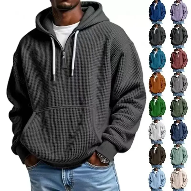 Waffle Knit Half‑Zip Men Hoodie
