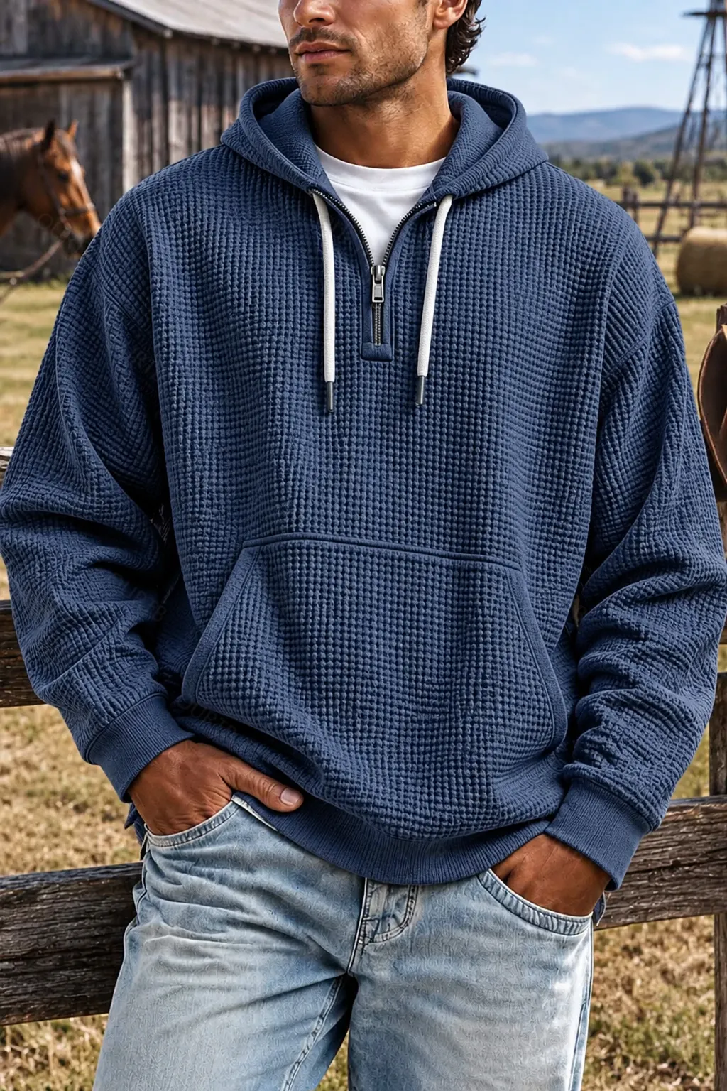Waffle Knit Half‑Zip Men Hoodie