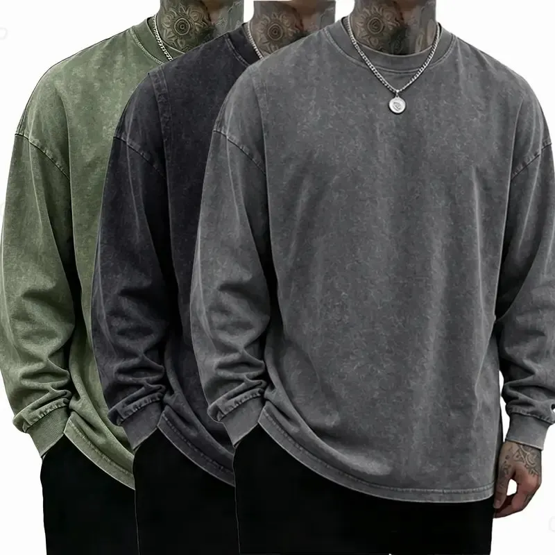 3 Pack Unisex Oversized Washed Distressed Cotton Long-Sleeve T-Shirt