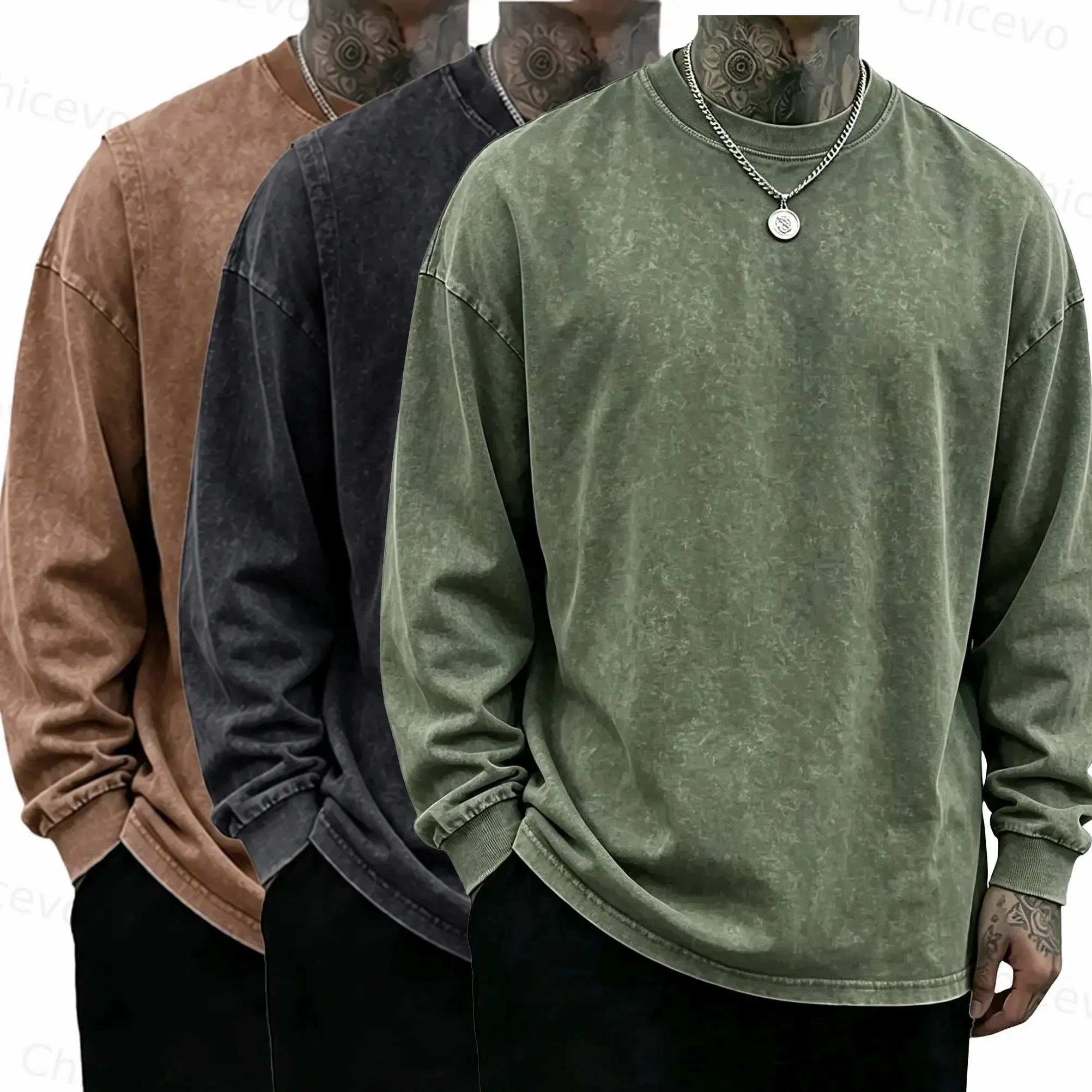 3 Pack Unisex Oversized Washed Distressed Cotton Long-Sleeve T-Shirt