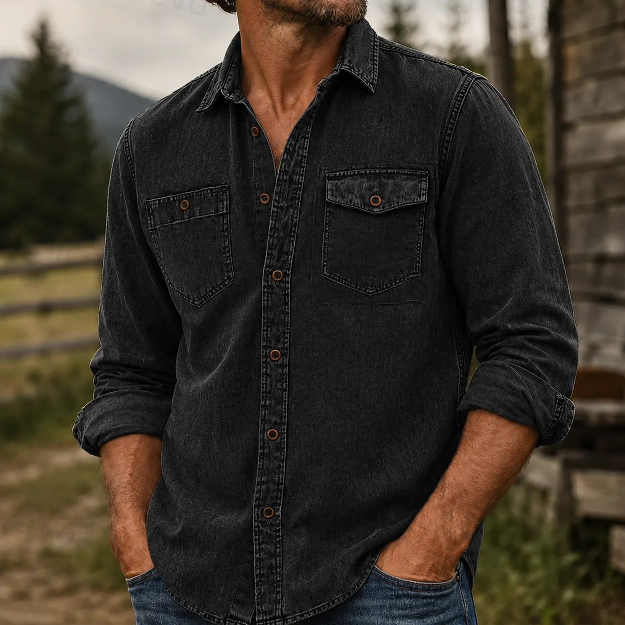 Rugged Vintage Textured Shirt  Men's Casual Outdoor Button Up Long Sleeve