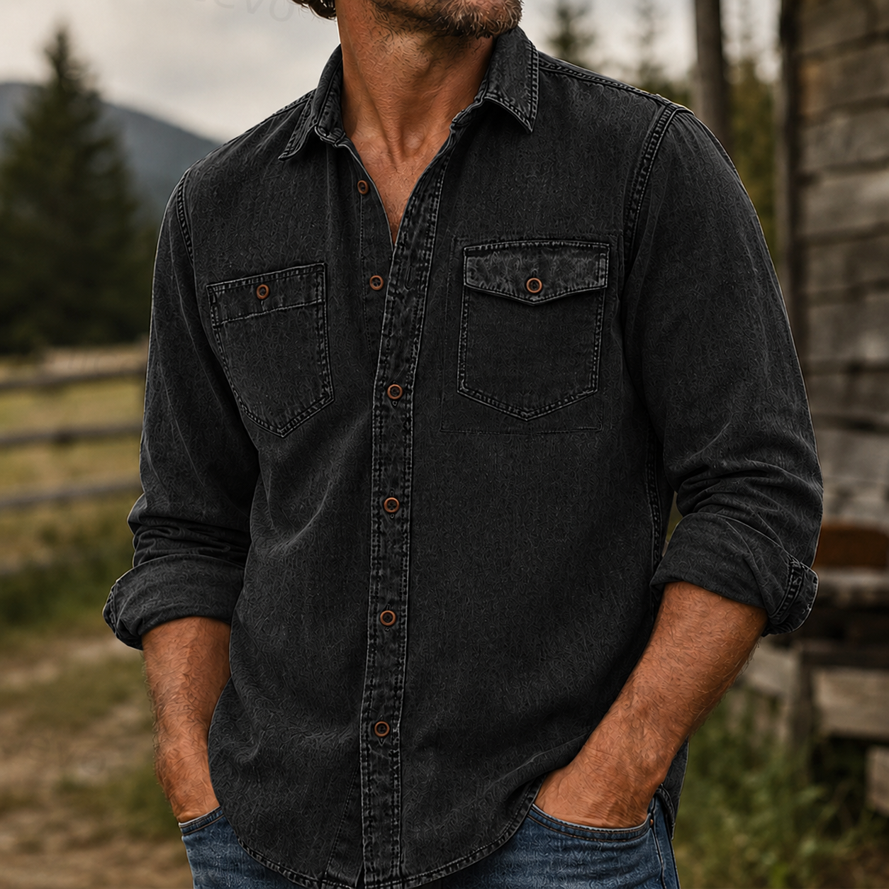 Rugged Vintage Textured Shirt  Men's Casual Outdoor Button Up Long Sleeve