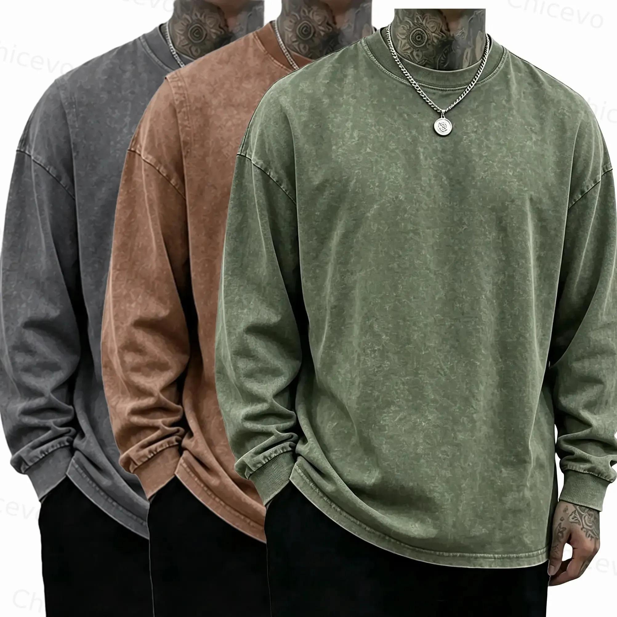 3 Pack Unisex Oversized Washed Distressed Cotton Long-Sleeve T-Shirt