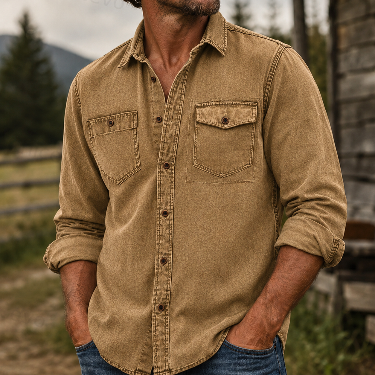 Rugged Vintage Textured Shirt  Men's Casual Outdoor Button Up Long Sleeve