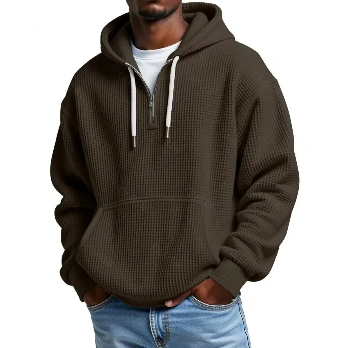 Waffle Knit Half‑Zip Men Hoodie