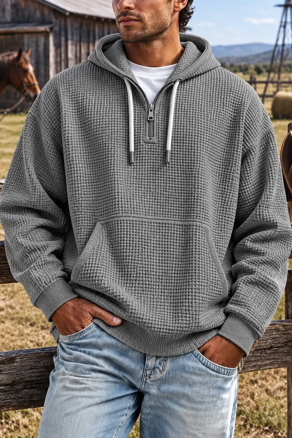 Waffle Knit Half‑Zip Men Hoodie