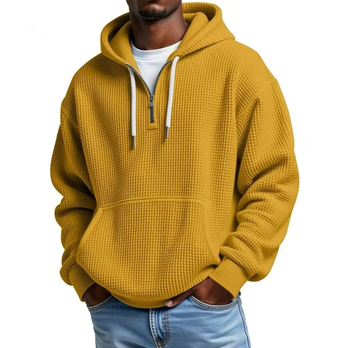 Waffle Knit Half‑Zip Men Hoodie