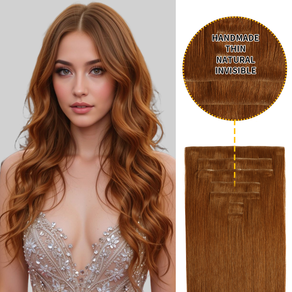 Model Wearing Seamless Clip Ins 7Pcs 16 Clips  (#33) Dark Auburn