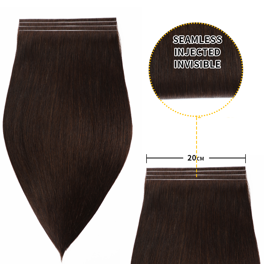 YILITE 20*0.8CM Long Seamless Injected Hand-Tied Invisible Tape In Hair Extension 4Pcs Virgin Human Hair (#2Darkest Brown )