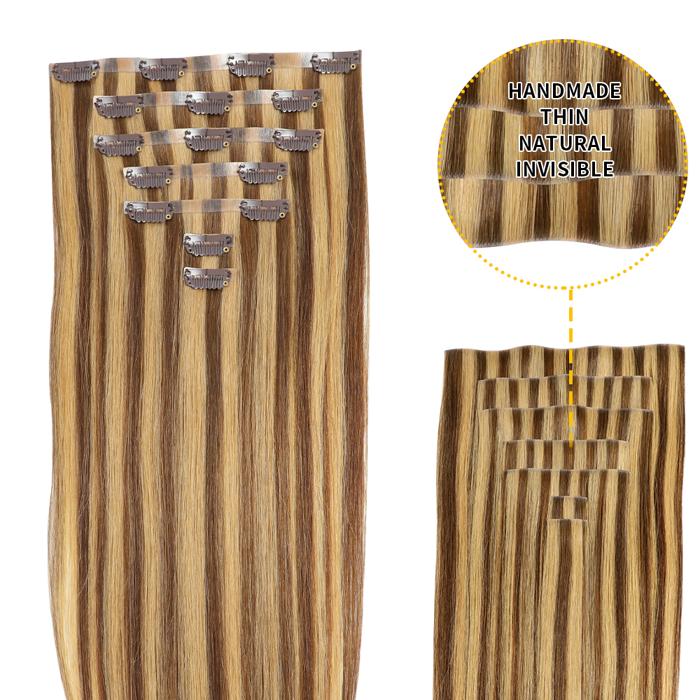 (#P4/27) Light Brown to Platinum Blonde Seamless Clip Ins 7Pcs