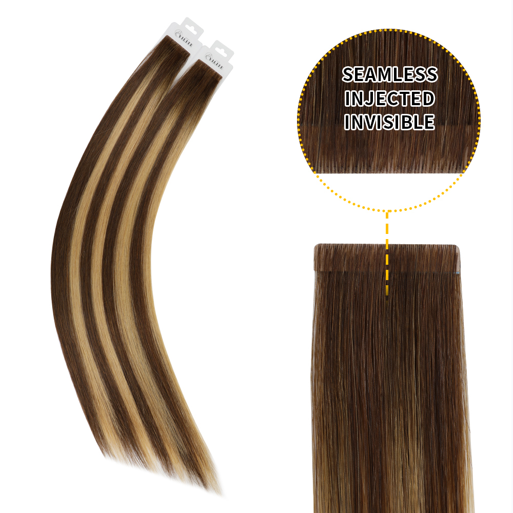 Save $ 219.68 USD ADD Yilite (#P4/27/T4) Chocolate Brown to Caramel Blonde Invisible Tape In Extensions 20Pcs $ 482.55 U