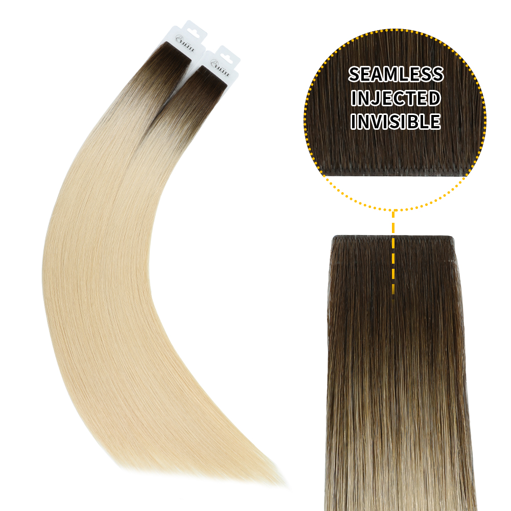 (#T2/60) Darkest Brown to Platinum Blonde Invisible Tape In Extensions 20Pcs