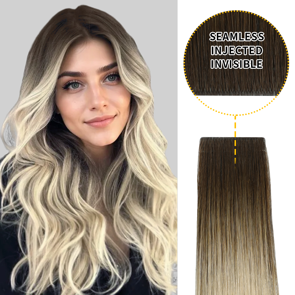 (#T2/60) Darkest Brown to Platinum Blonde Invisible Tape In Extensions 20Pcs