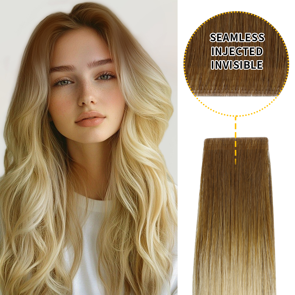 (#T8/60) Light Brown to Platinum Blonde Invisible Tape In Extensions 20Pcs