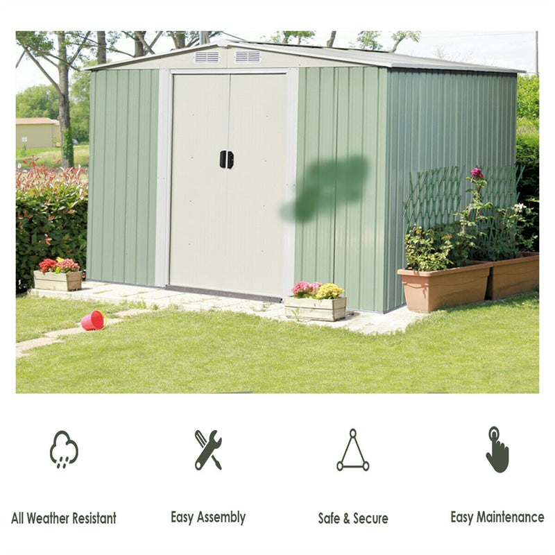 8ft x 8ft Galvanized Steel Outdoor Storage Shed Heavy Duty Garden Tool House with Sliding Door