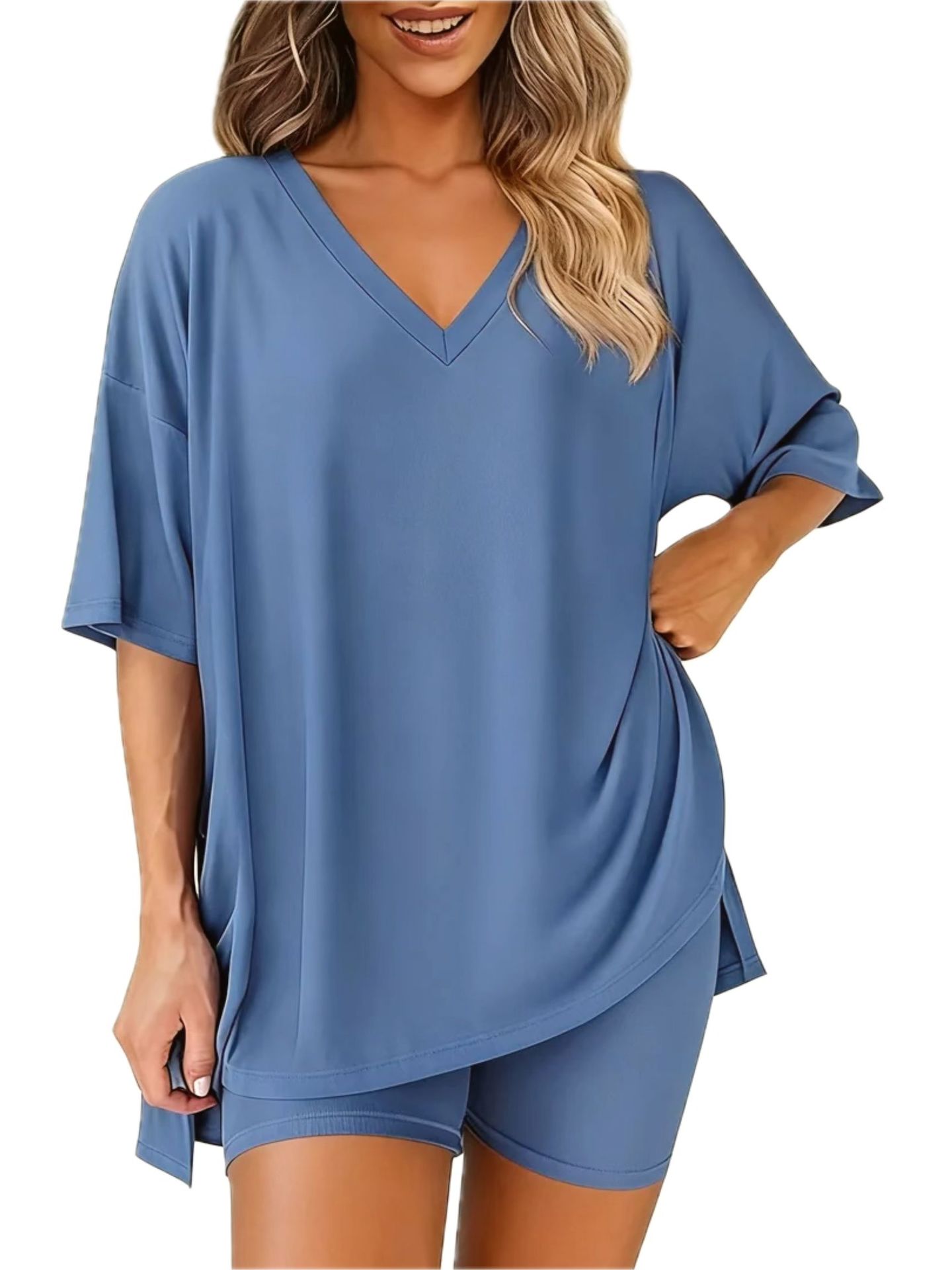 Women's two-piece casual loungewear set: loose-fitting top with a slit hem and fitted shorts