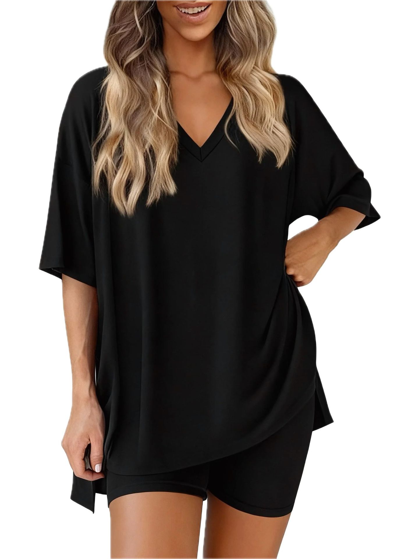 Women's two-piece casual loungewear set: loose-fitting top with a slit hem and fitted shorts