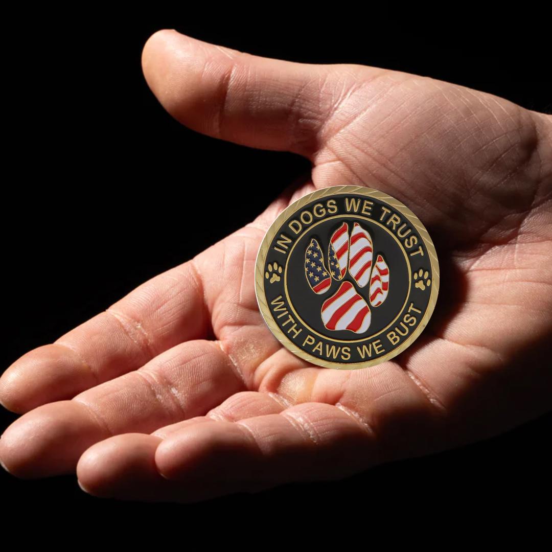 POLICE OFFICER K-9 IN DOGS WE TRUST WITH PAWS WE BUST CHALLENGE COIN