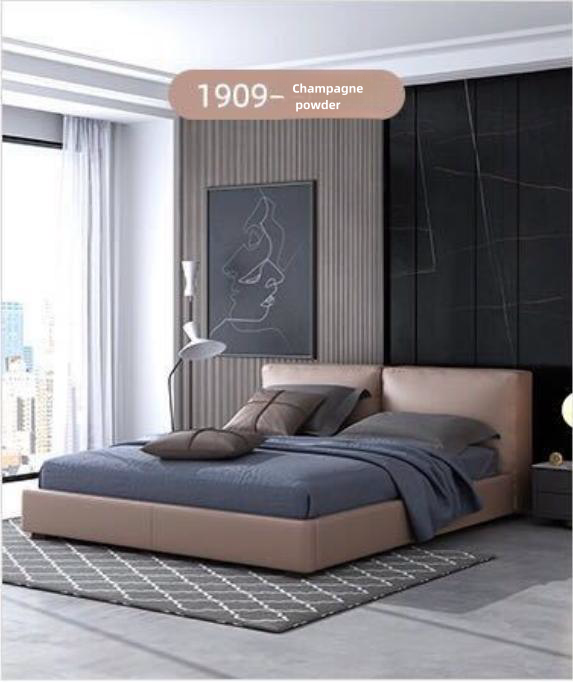 Leather bed, light luxury Nordic bed, simple modern leather bed, 1.8m double bed, master bedroom, solid wood leather cowhide bed