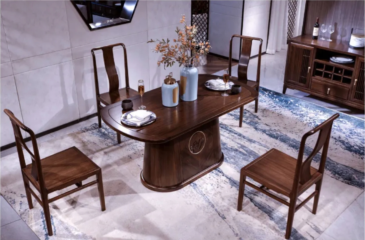 Sandalwood high-end ellipse dining table, chair, and sideboard cabinet combination