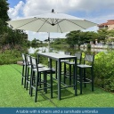 One table with six chairs and a sunshade umbrella