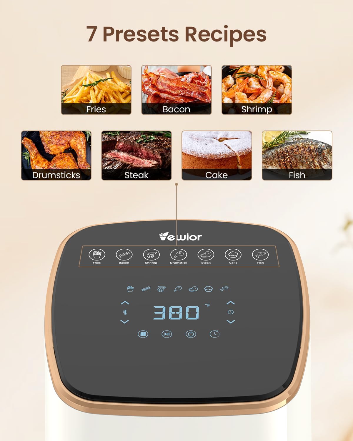 Air Fryer, VEWIOR 5.3Qt Airfyer with Viewing Window, 7 Custom Presets Large Air Fryer Oven with Smart Digital Touchscreen,Non-stick and Dishwasher-Safe Basket, Kitchen Tongs, Rack with Skewers