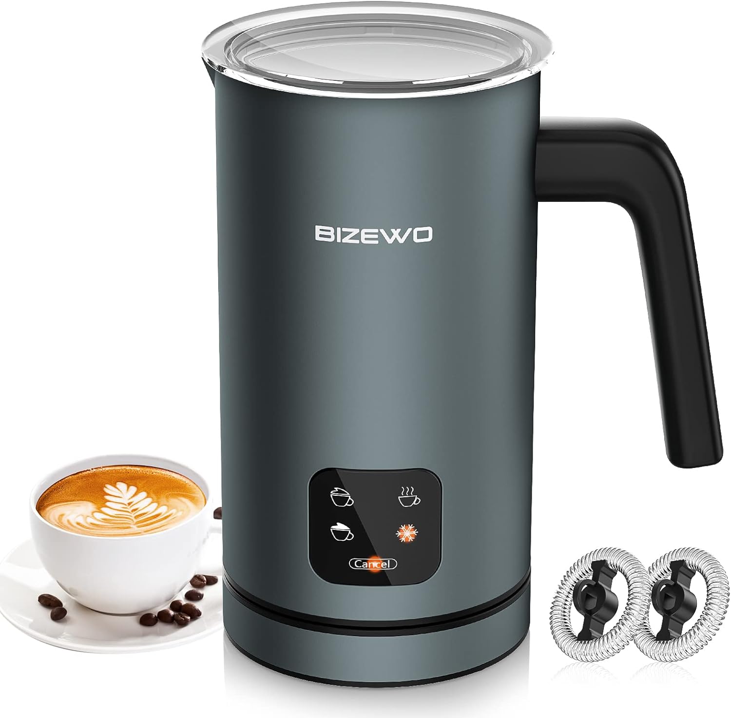 Frother for Coffee, Milk Frother, 4 IN 1 Automatic Hot and Cold Foam Maker, BIZEWO Stainless Steel Milk Steamer for Latte, Cappuccinos, Macchiato, Hot Chocolate Milk with LED Touch(Shipment from FBA)